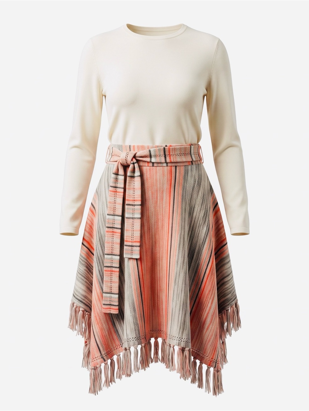 Sparrow Ivory, Coral and Gray Asymmetrical Fringe Midi Skirt + Sash Belt - XS